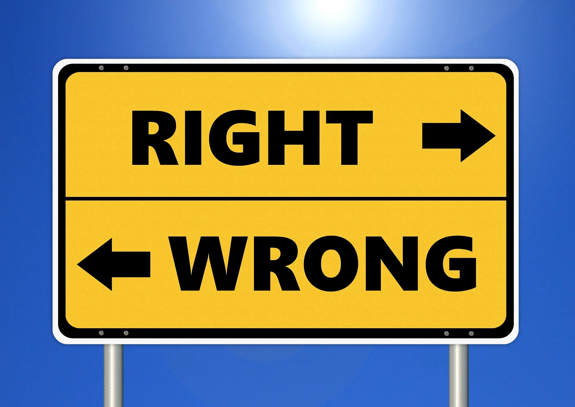 Road sign indicating right and wrong directions, relating to ethical business practices.